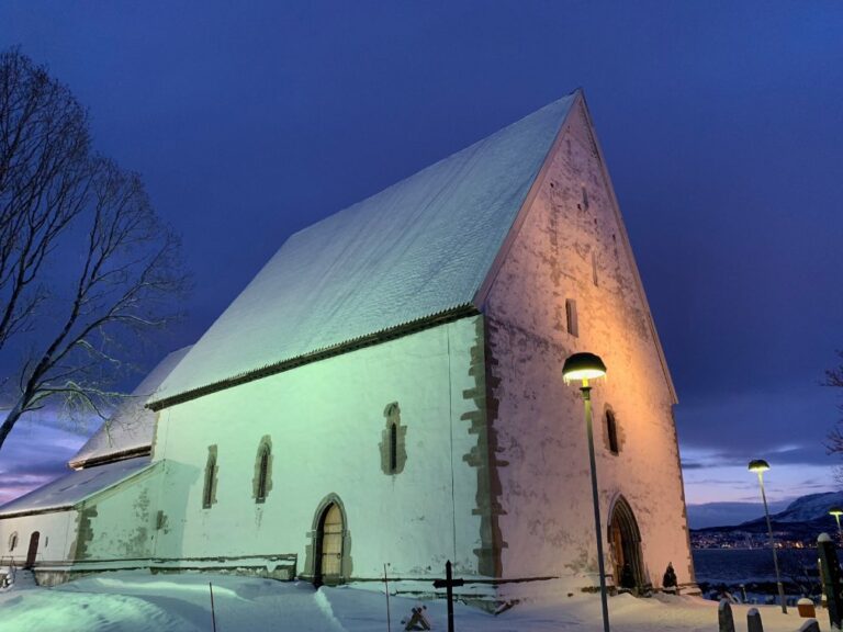 Trondenes Church in the 'blue hour' of winter. Photo: David Nikel.