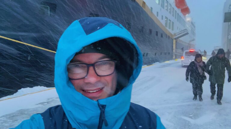 David in a winter storm in Norway.