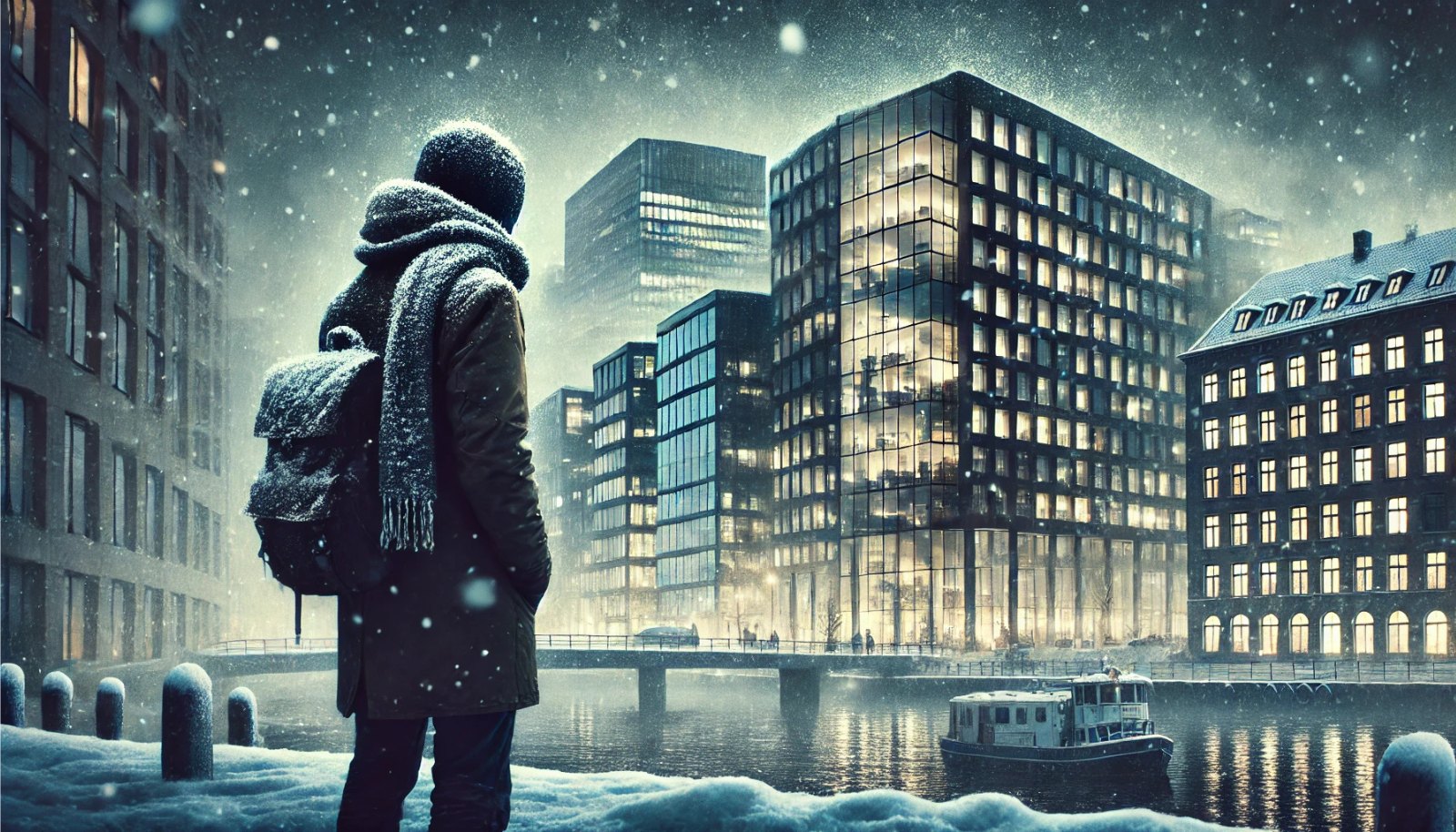 Illustration of a job-seeker in a Norwegian winter.