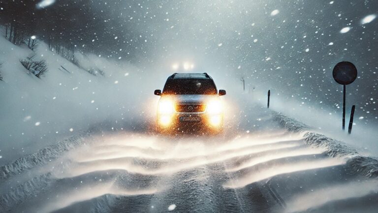 Car driving in a winter convoy in Norway.