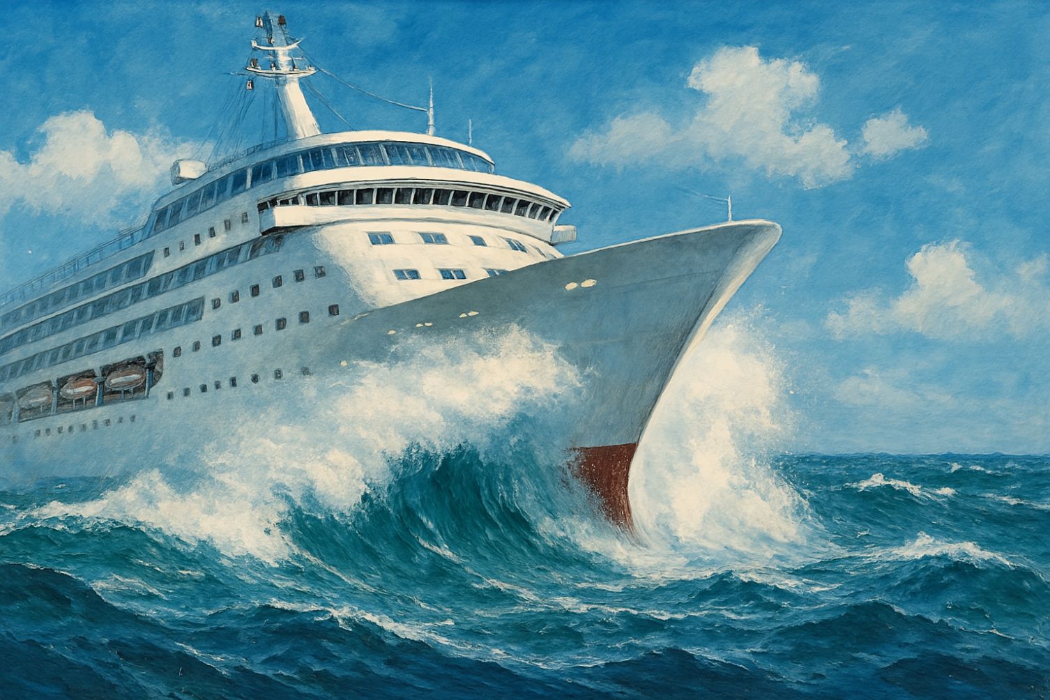 Illustration of a cruise ship in rough sea.