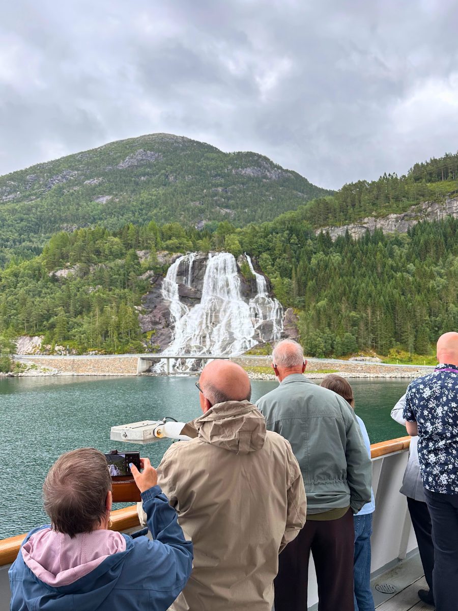Furebergfossen waterfall seen from Fred Olsen Balmoral cruise ship. Photo: David Nikel.