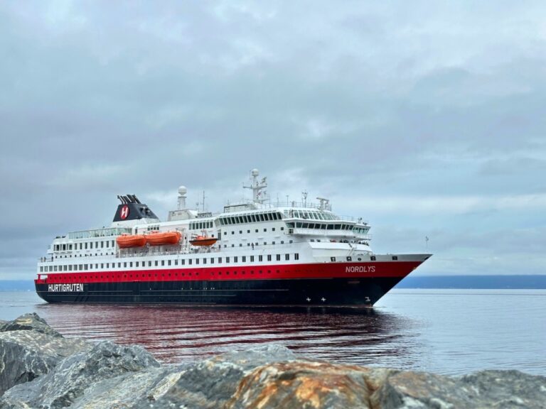 Hurtigruten coastal ferry entering the harbour of Trondheim. Photo: David Nikel.