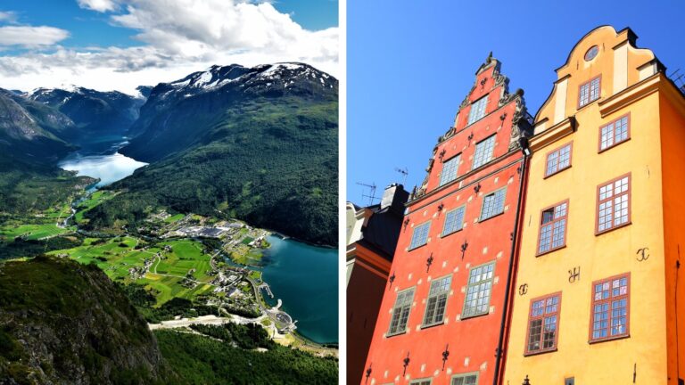 The Norwegian fjords region and the city centre of Stockholm, Sweden.