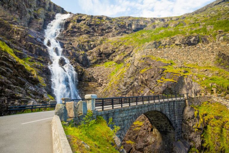 Stigfossen waterfall behind the bridge at Trollstigen.